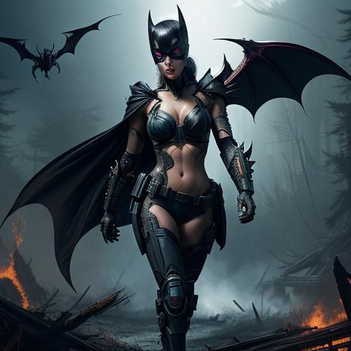 Cyberpunk Batgirl Versus Dragon in Burning Forest