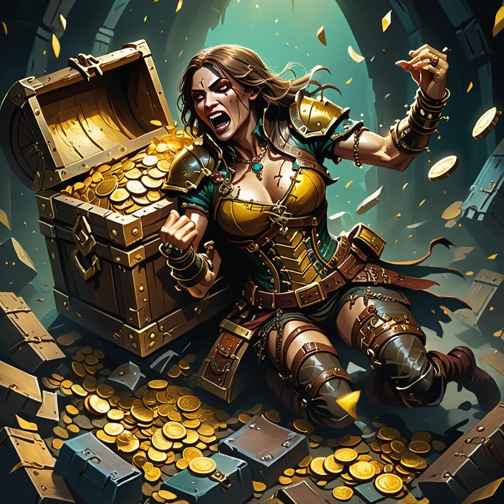Theme dungeon and dragons. A female rogue being eaten by a mimic disguised as a treasure chest.