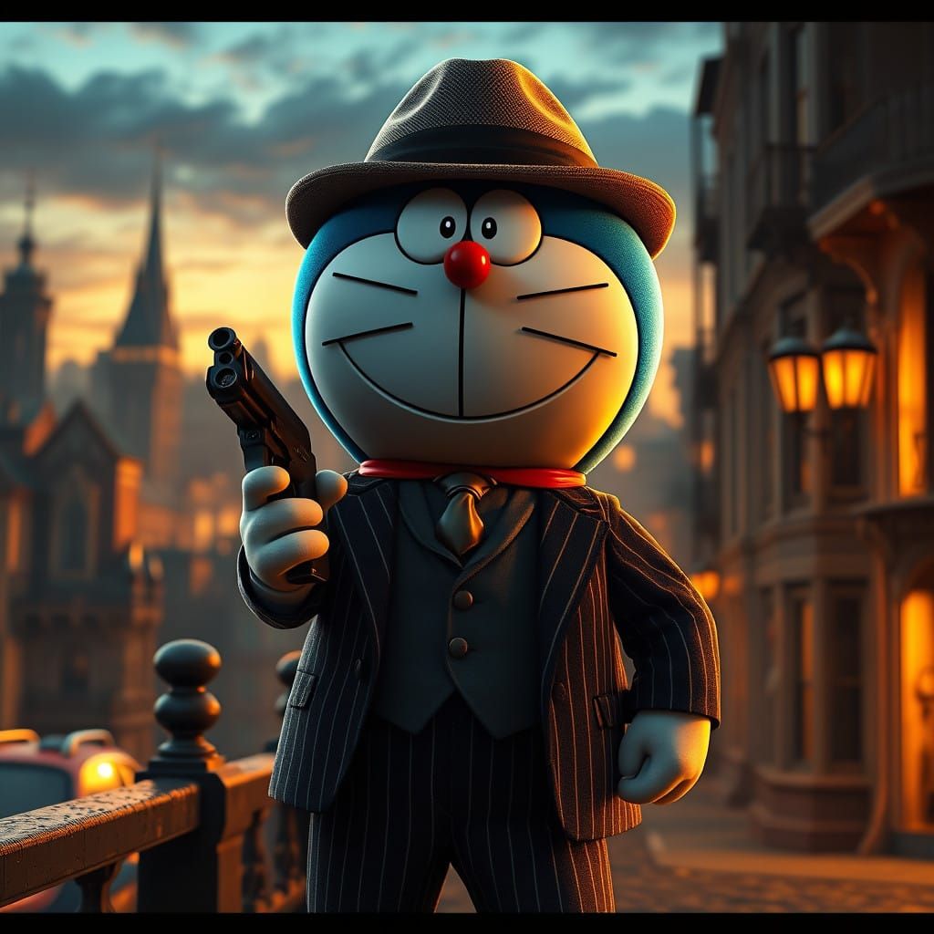 Charismatic Doraemon as Mafia Boss in Vibrant Fantasy Citysc...