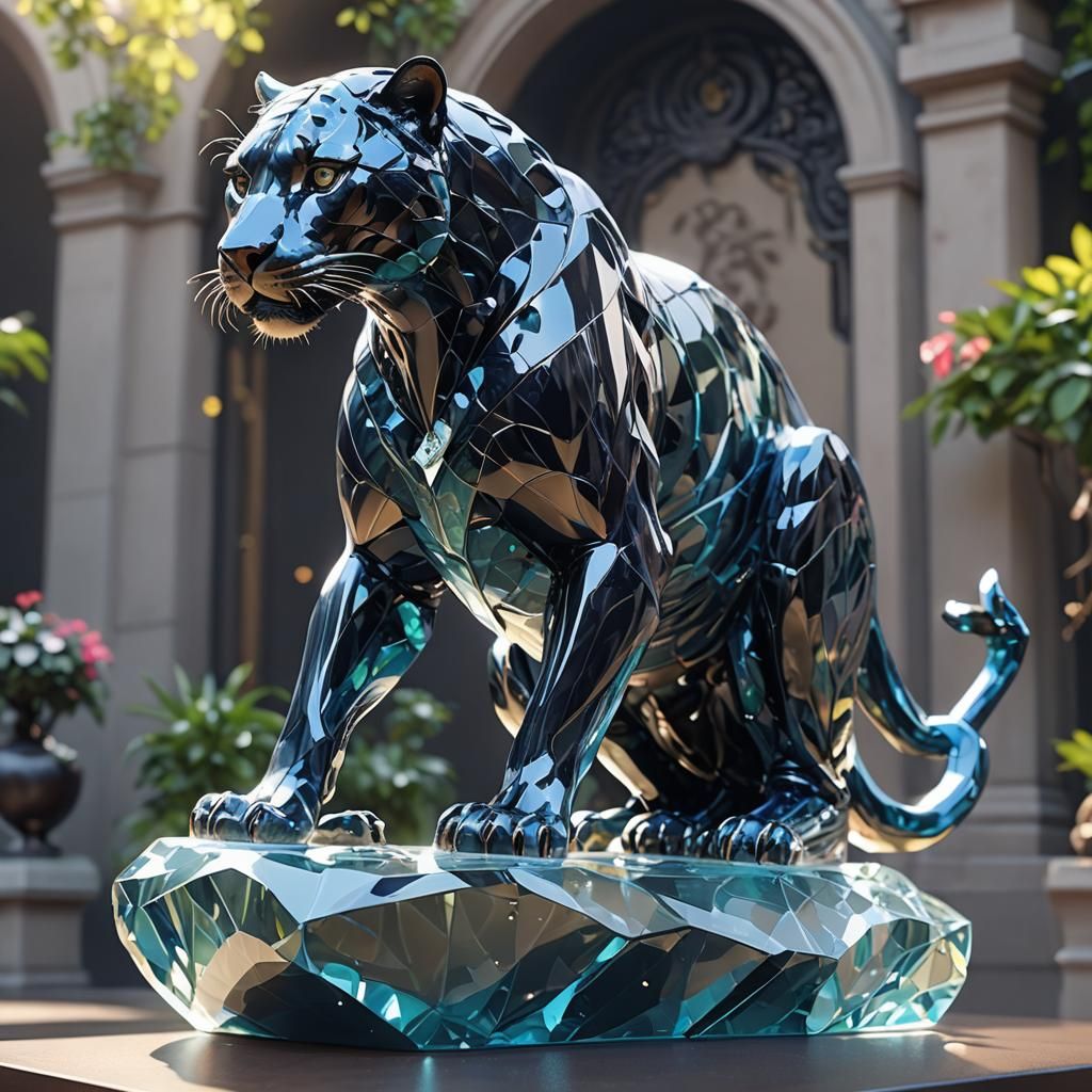 Glass Panther Statue in 3D Anime Art Style