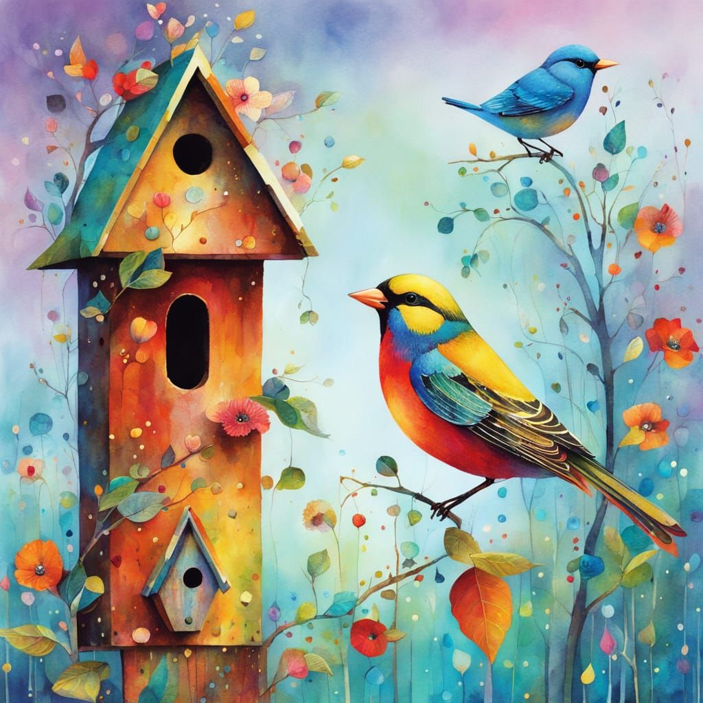 Whimsical Birdhouse Illustration in Cubist Style