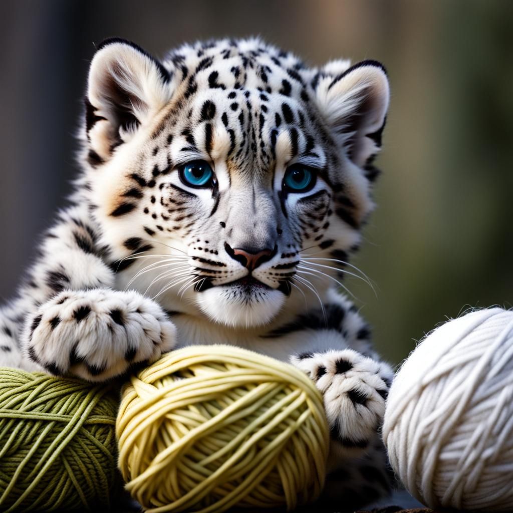 Playful Snow Leopard with Yarn Ball