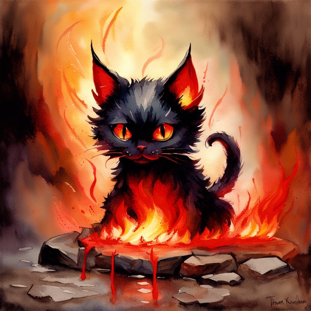 Cute Demon Cat in Watercolor Hellscape