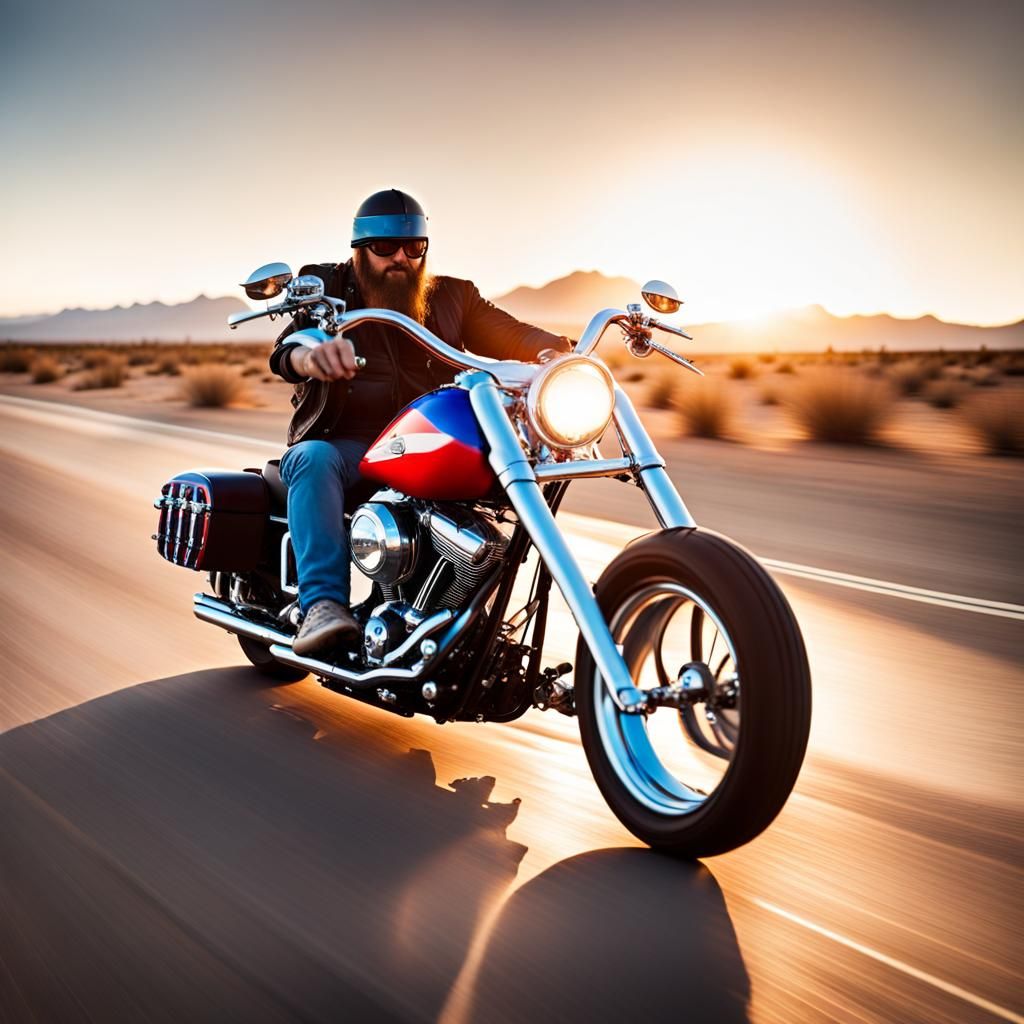 Viking on Harley Chopper at Desert Sunrise