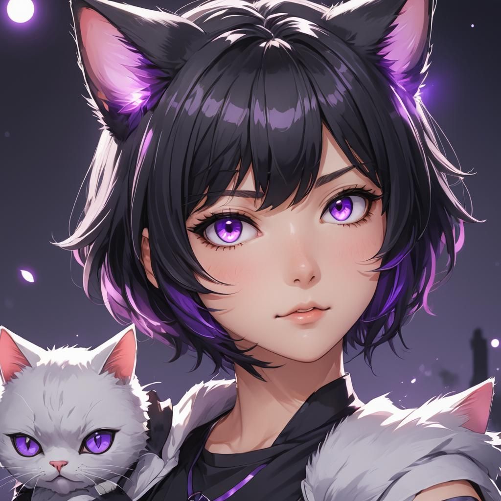 Anime Girl with Cat Features and Purple Eyes