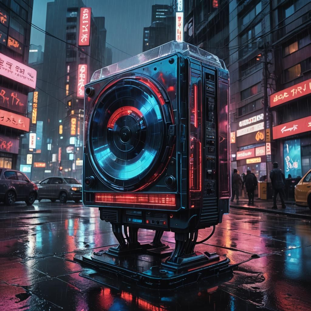 Cyberpunk Giant CD Player in Neon Noir Style