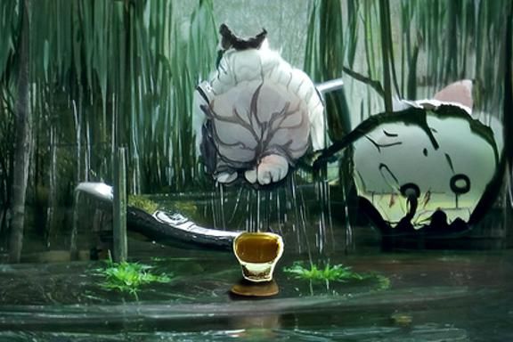 Anime Cat in Teacup Forest with Umbrella