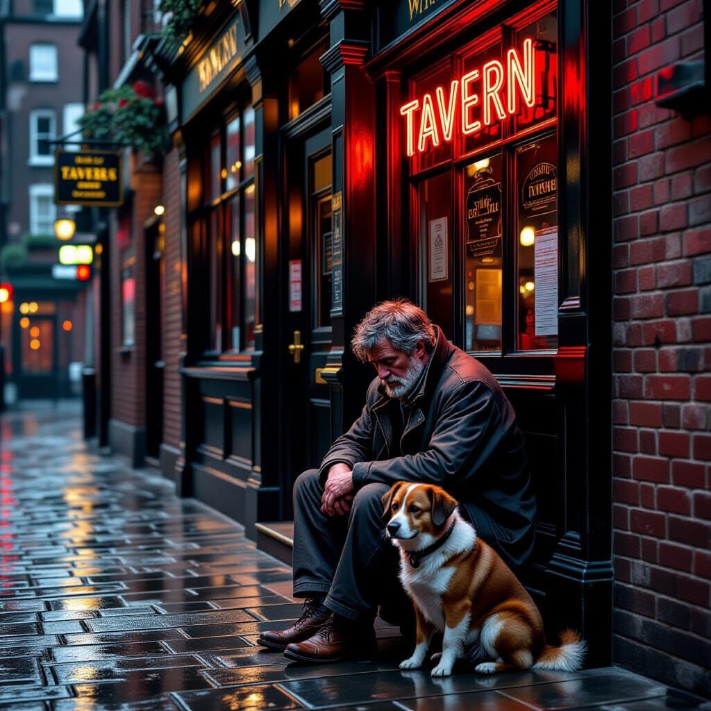 Man Begging in Rainy London Alley as Oil Painting