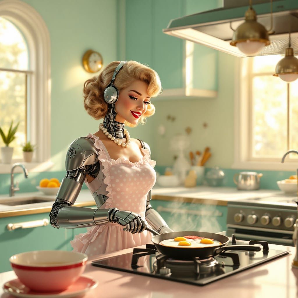 Retro-Futuristic Kitchen with Cybernetic Mom in 1950s Style