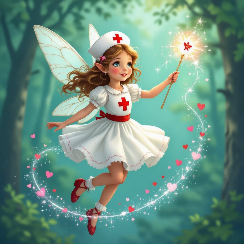 Fairy Nurse Sprinkles Healing Magic in Whimsical Sky