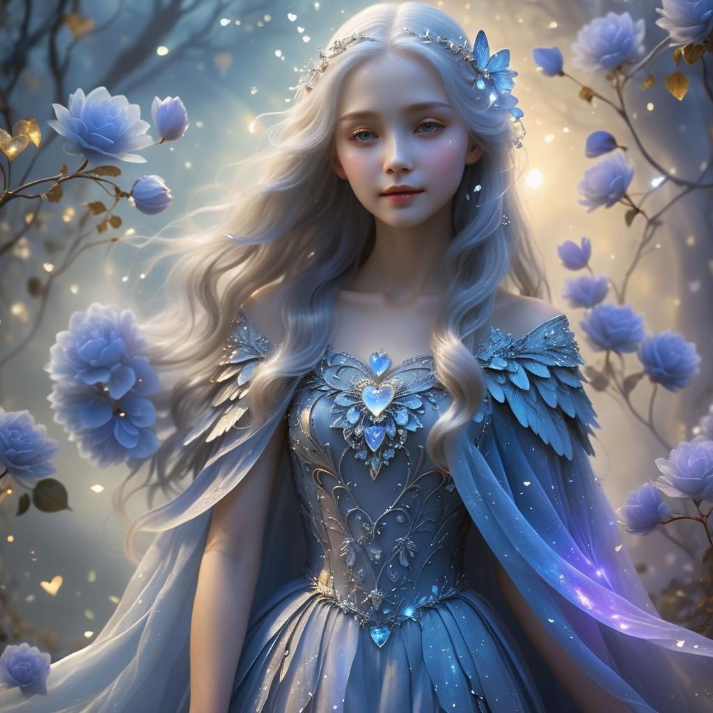 Ethereal Woman Creates Crystal Hearts in Mystical Garden