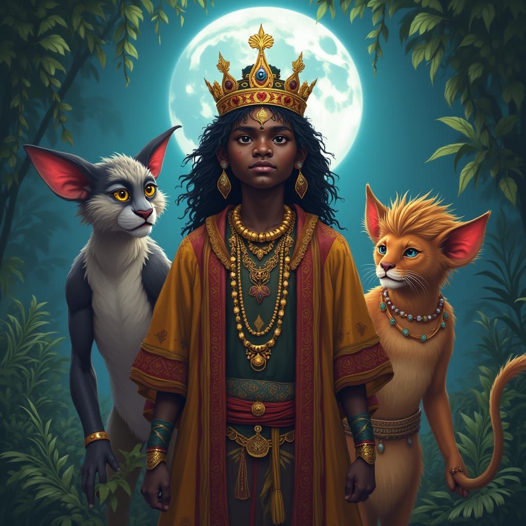 African Prince with Moon Crown in Animated Style