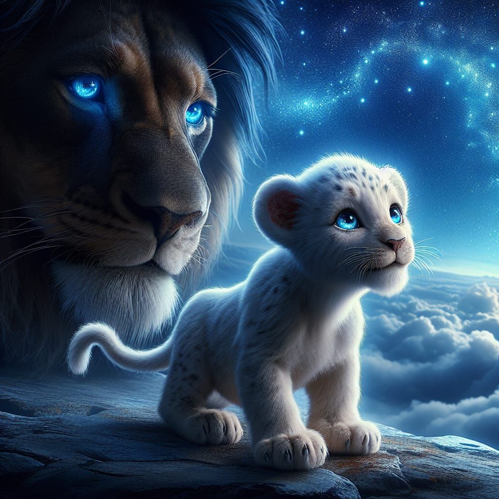 Ebony Lion Father Protects White Fur Cub