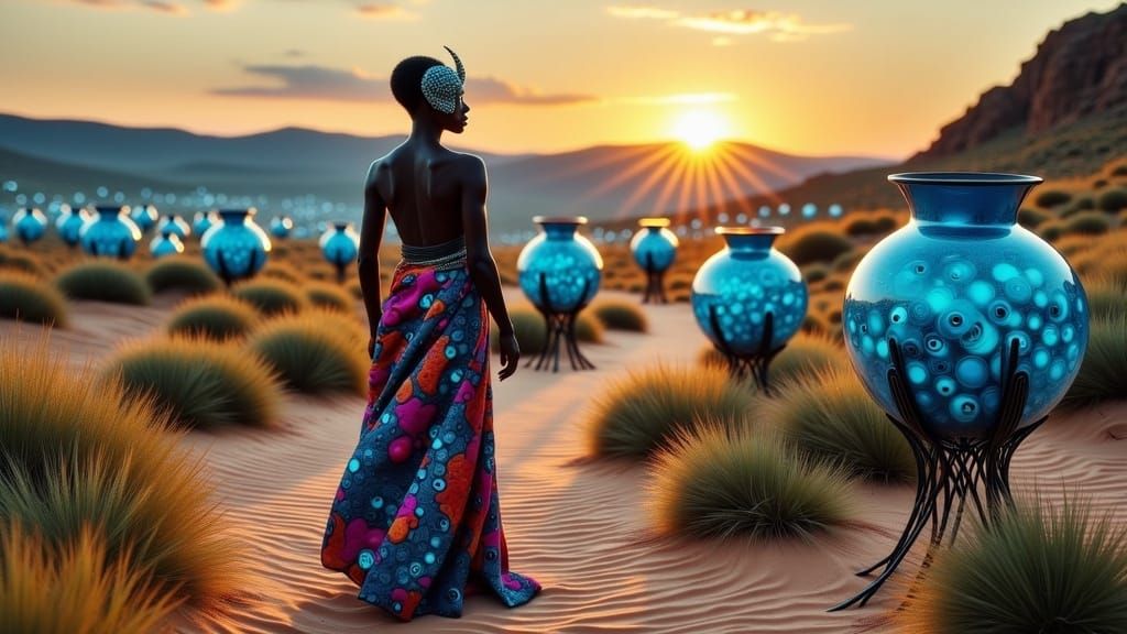 African Woman with Spider Mask in Surreal Desert