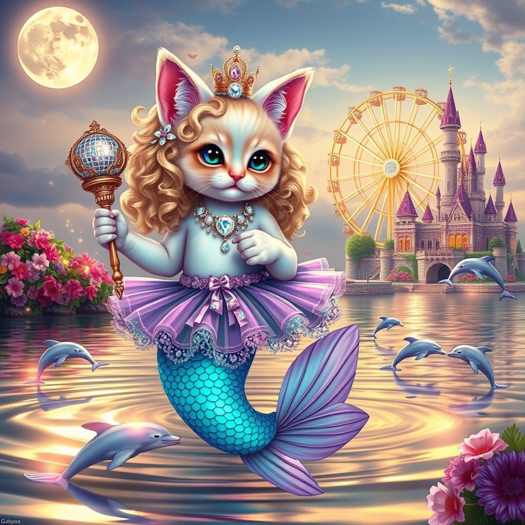 Majestic Mermaid Kitten in Whimsical, Dreamlike Setting