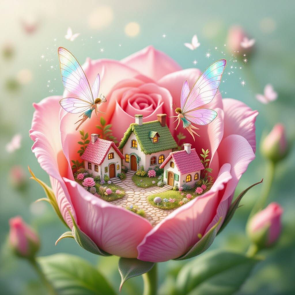 Whimsical Village Inside a Giant Rose Bud