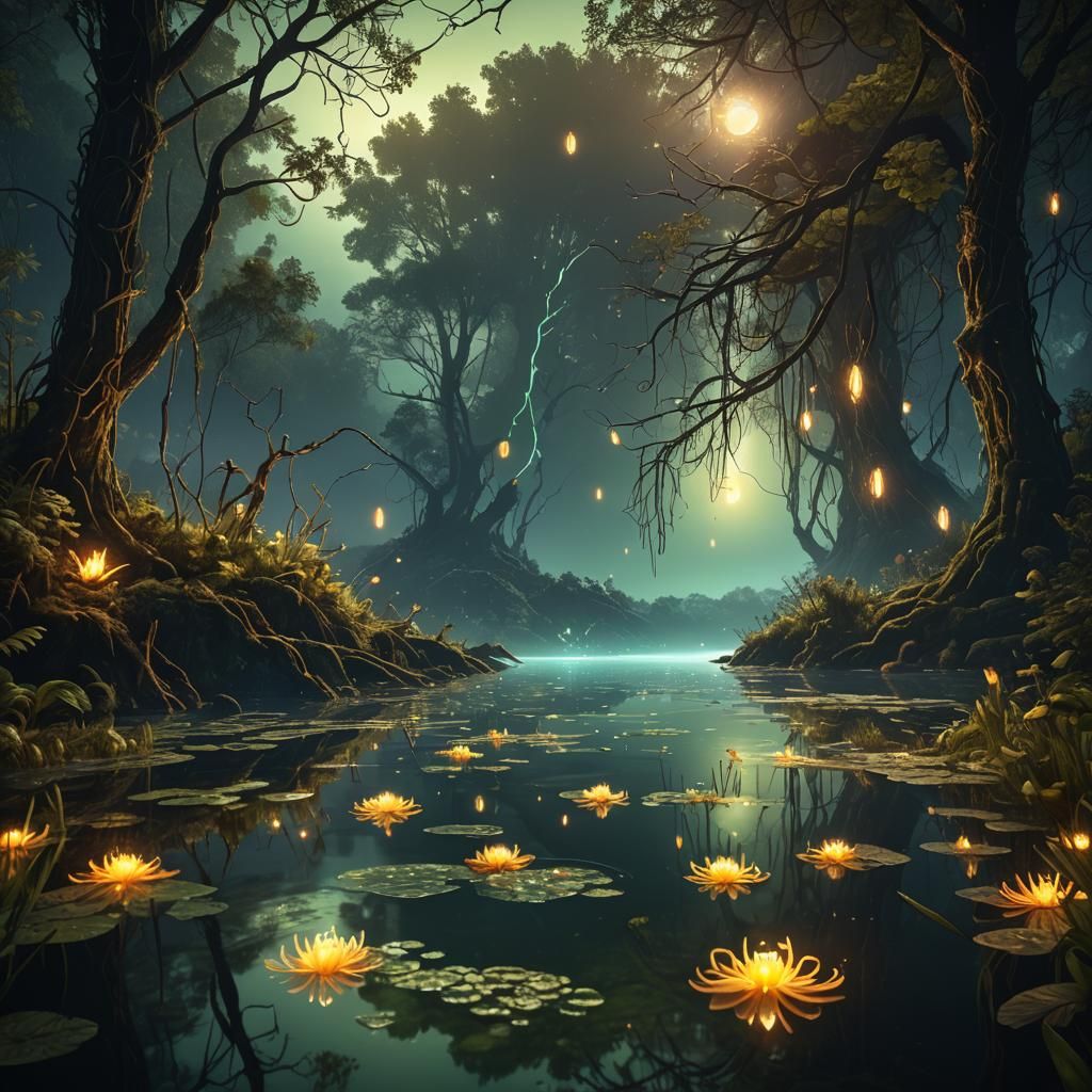 Glowworms Light Up Lake: Fantasy Concept Art