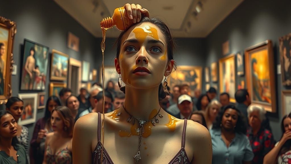 Honey-Covered Woman in a Crowded Art Gallery