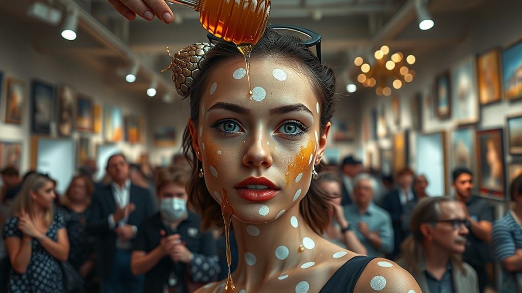 Woman Pours Honey in Hyperrealistic Art Gallery Scene