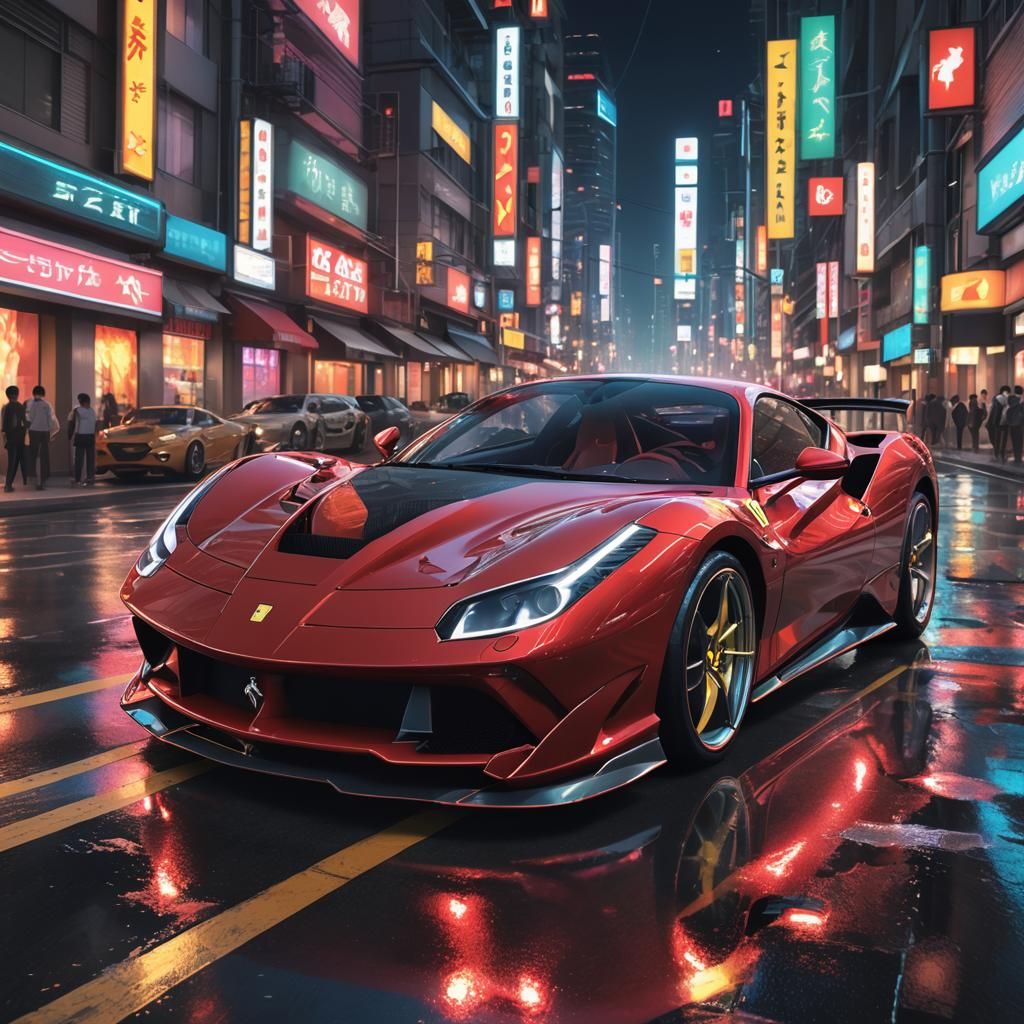 Ferrari in Neon City Street: 3D Anime Art