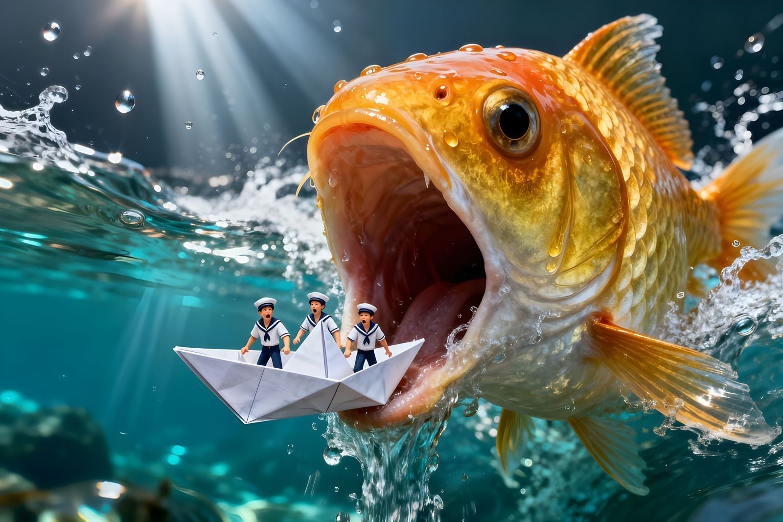 Tiny Sailors in Origami Ship Face Giant Goldfish