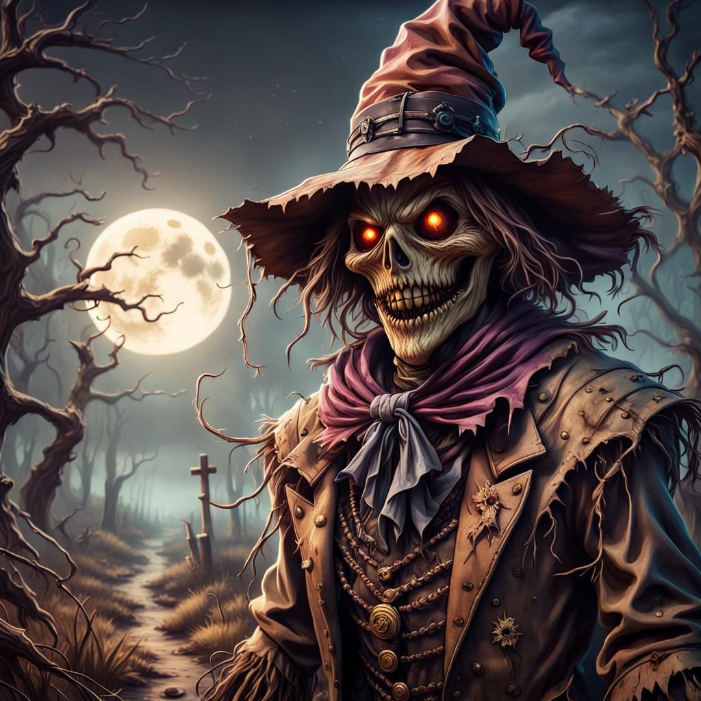 Sinister Scarecrow in Moonlight: Hyperdetailed Concept Art