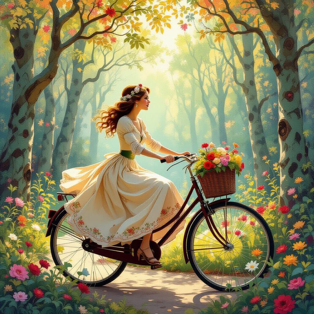 Elegant Woman on Bicycle in Art Nouveau Forest