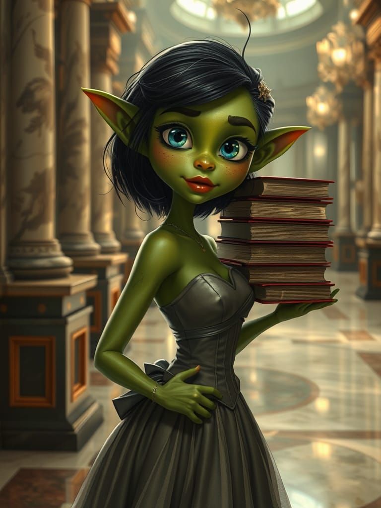 Goblin Debutante Balancing Books in Dieselpunk Palace
