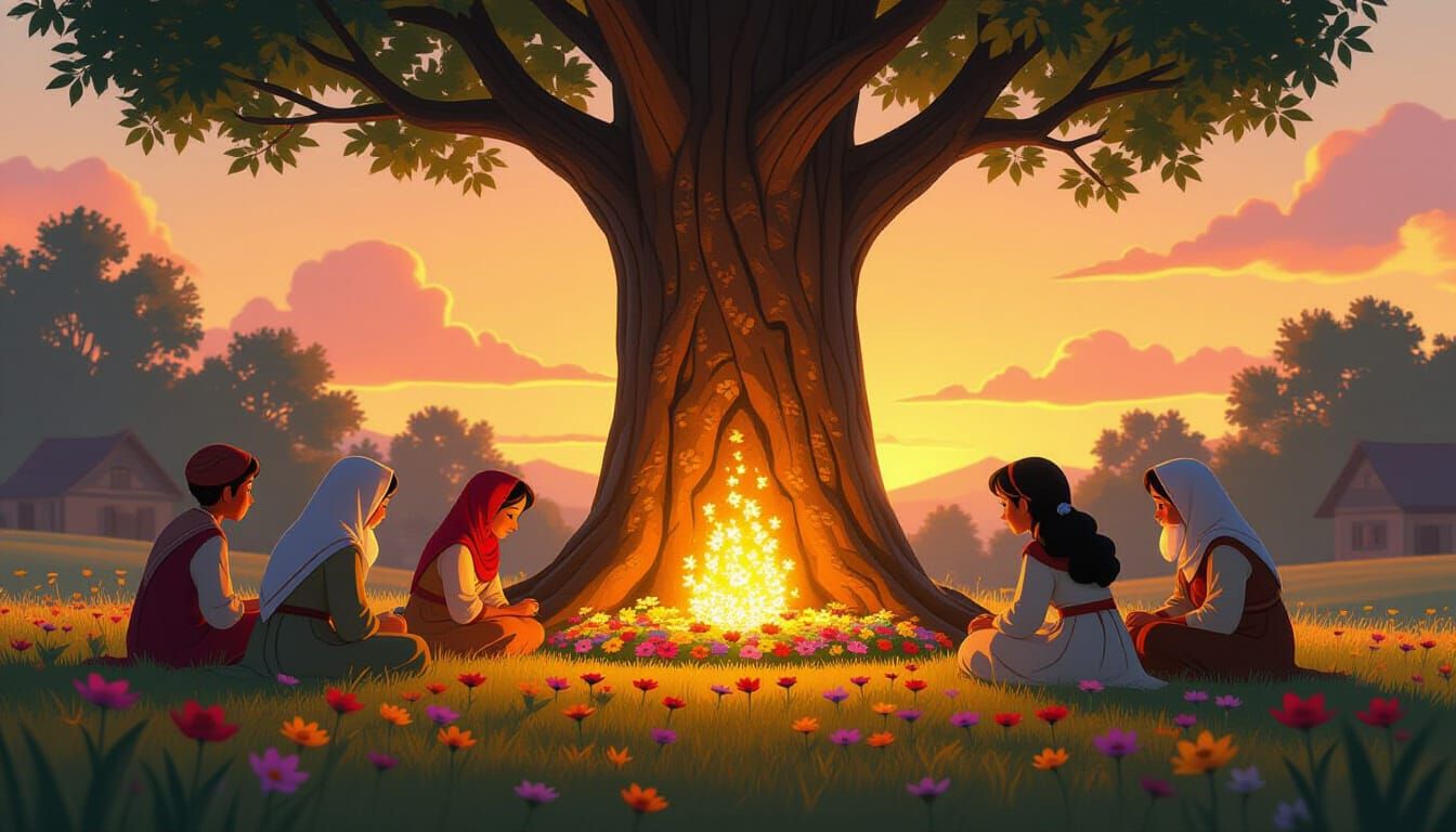 Villagers Gather at Glowing Tree in Pixar Style