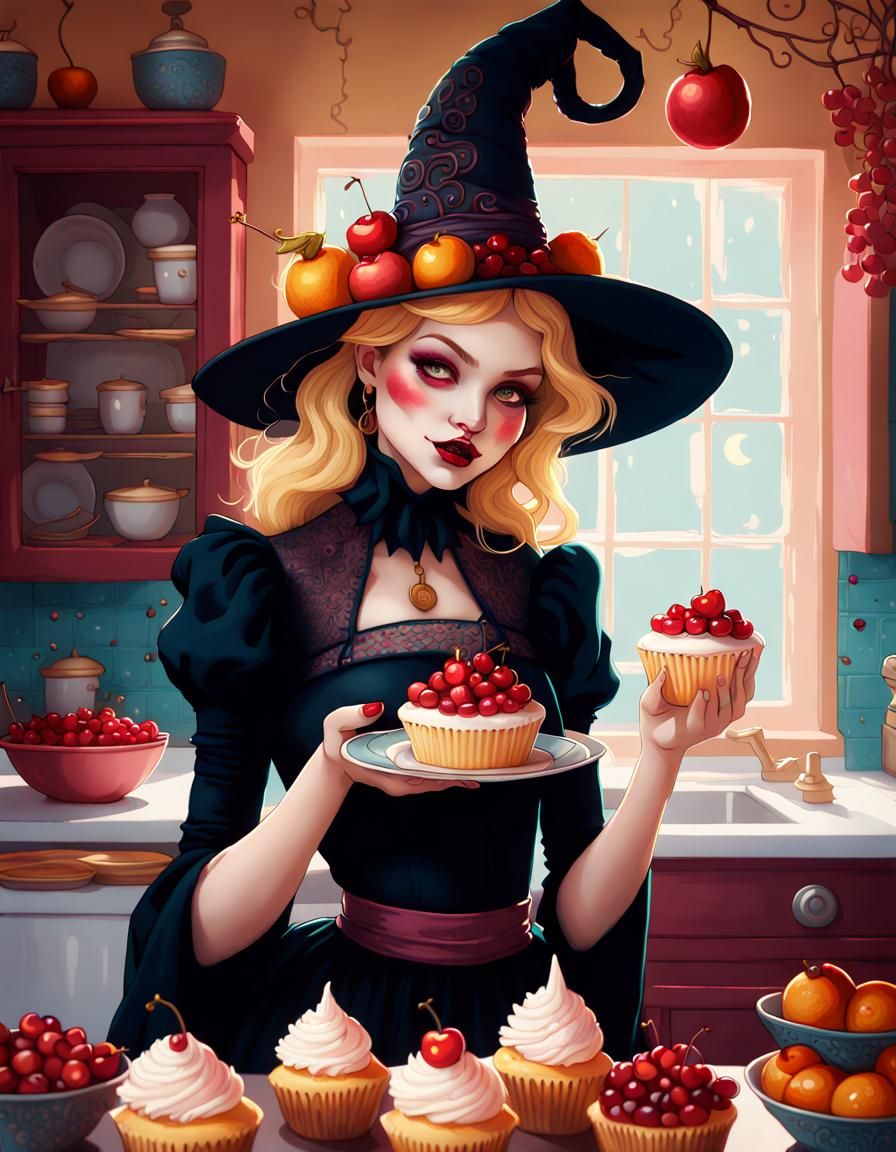 Whimsical Witch Enjoys Cupcake in Detailed Kitchen