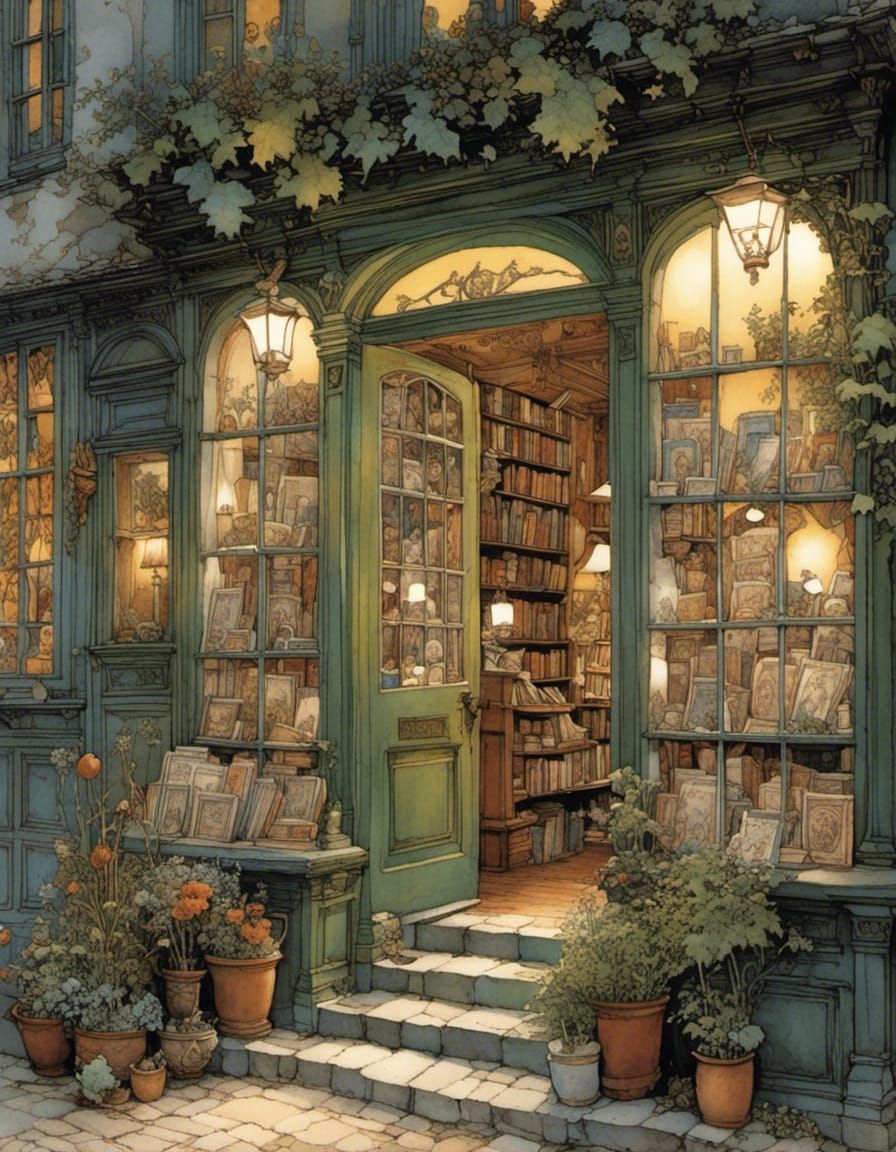 Cozy Bookshop Entrance Lit at Night