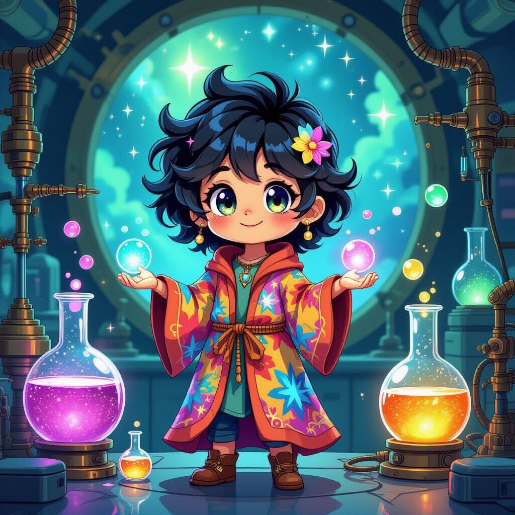 Whimsical Chibi Scientist in Retro-Futuristic Lab