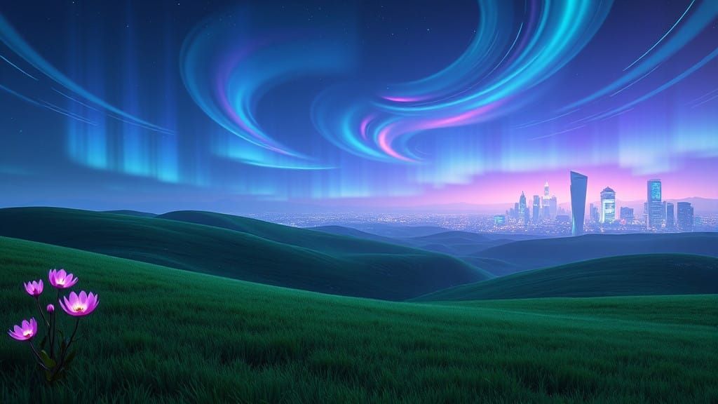 Cyberpunk Emerald Dreamscape Under Iridescent Night Sky
