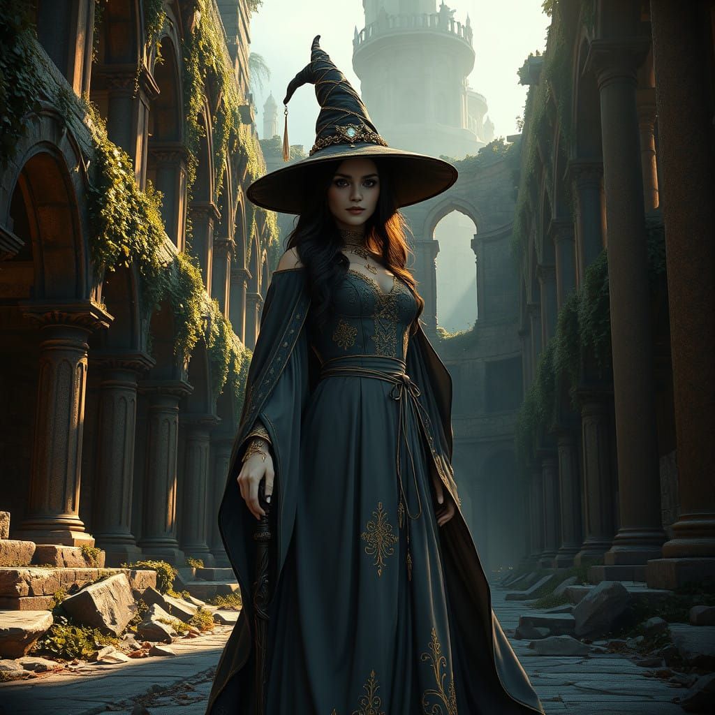 Mystical Woman in Ancient Ruins with Elaborate Witch Hat and...