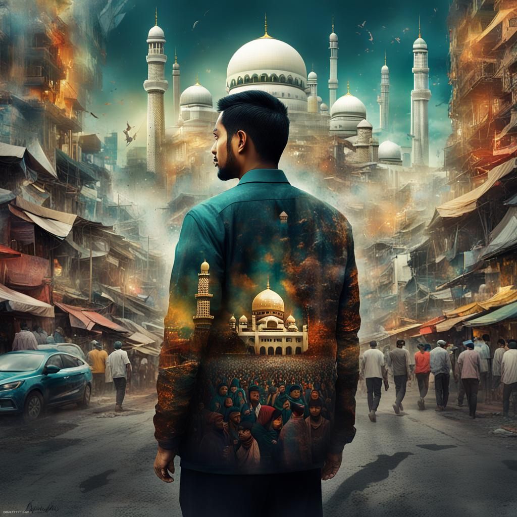 Bold Text and Transparent Man in Cityscape: Matte Painting