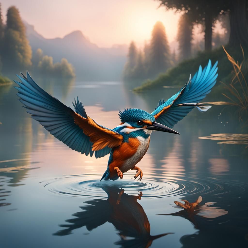 Kingfisher Skimming Lake at Dawn: Detailed Matte Painting