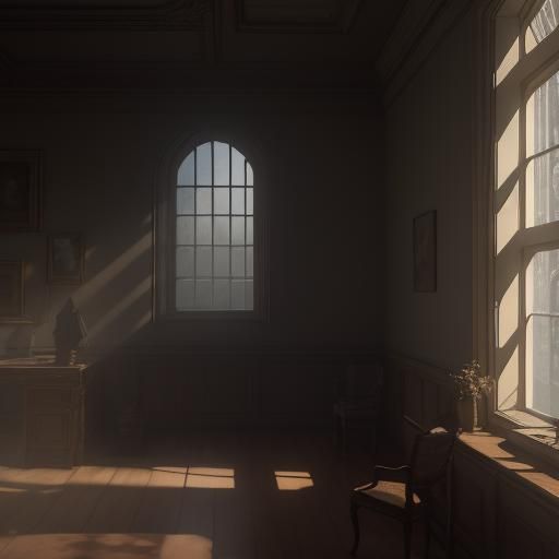 Figure Gazing Out Window in Muted Academic Study