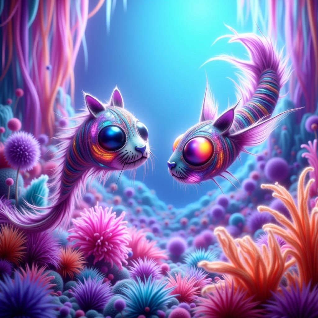 Glowing Cheshire-Cat-Fishies Swim in a Dreamlike Glass Coral...