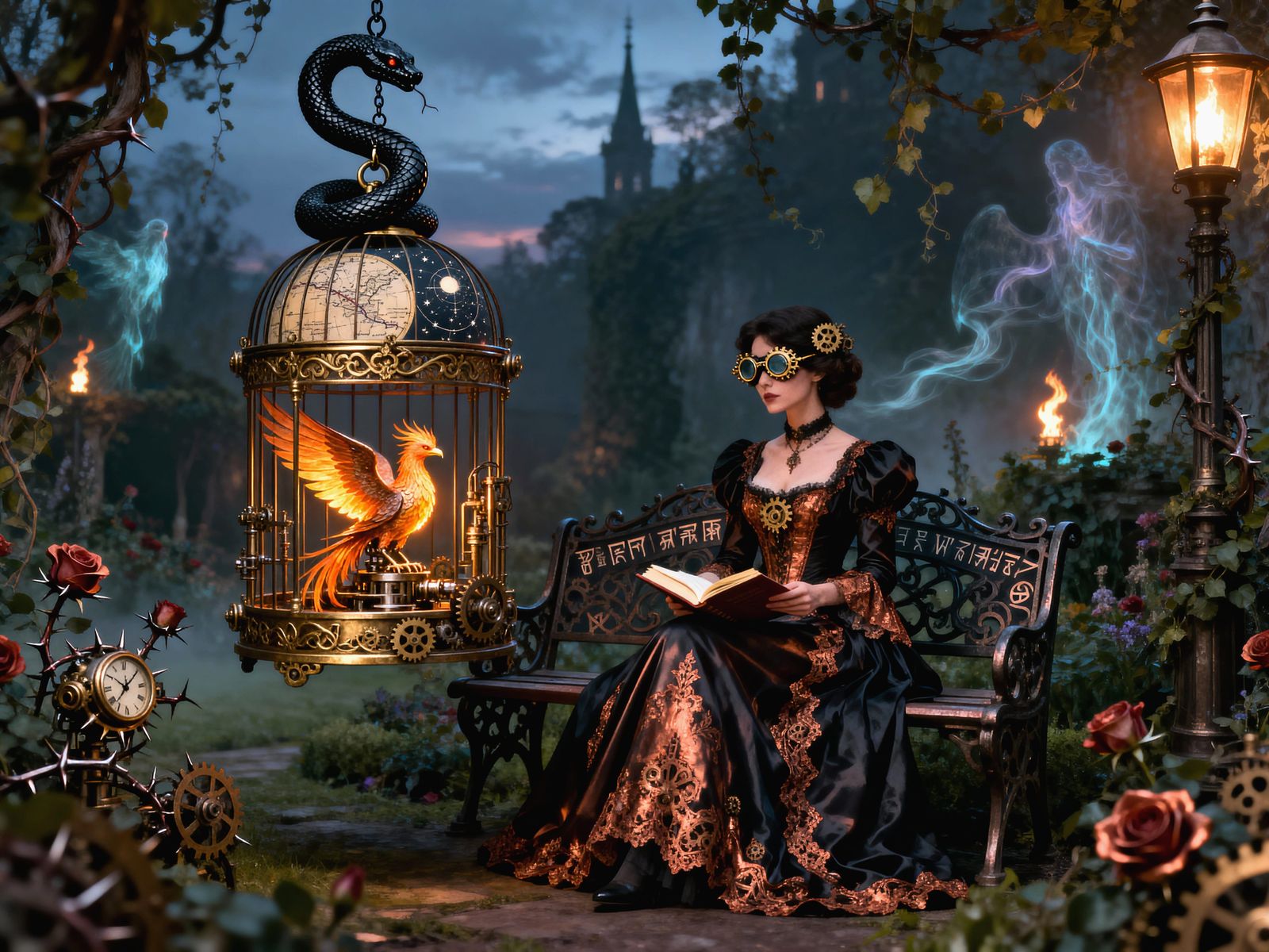 Victorian Steampunk Garden Ritual with Mechanical Phoenix
