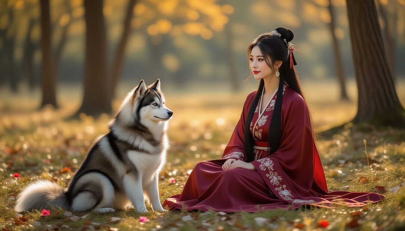 Chinese Woman and Dog in Sunlit Forest: Realistic Photo