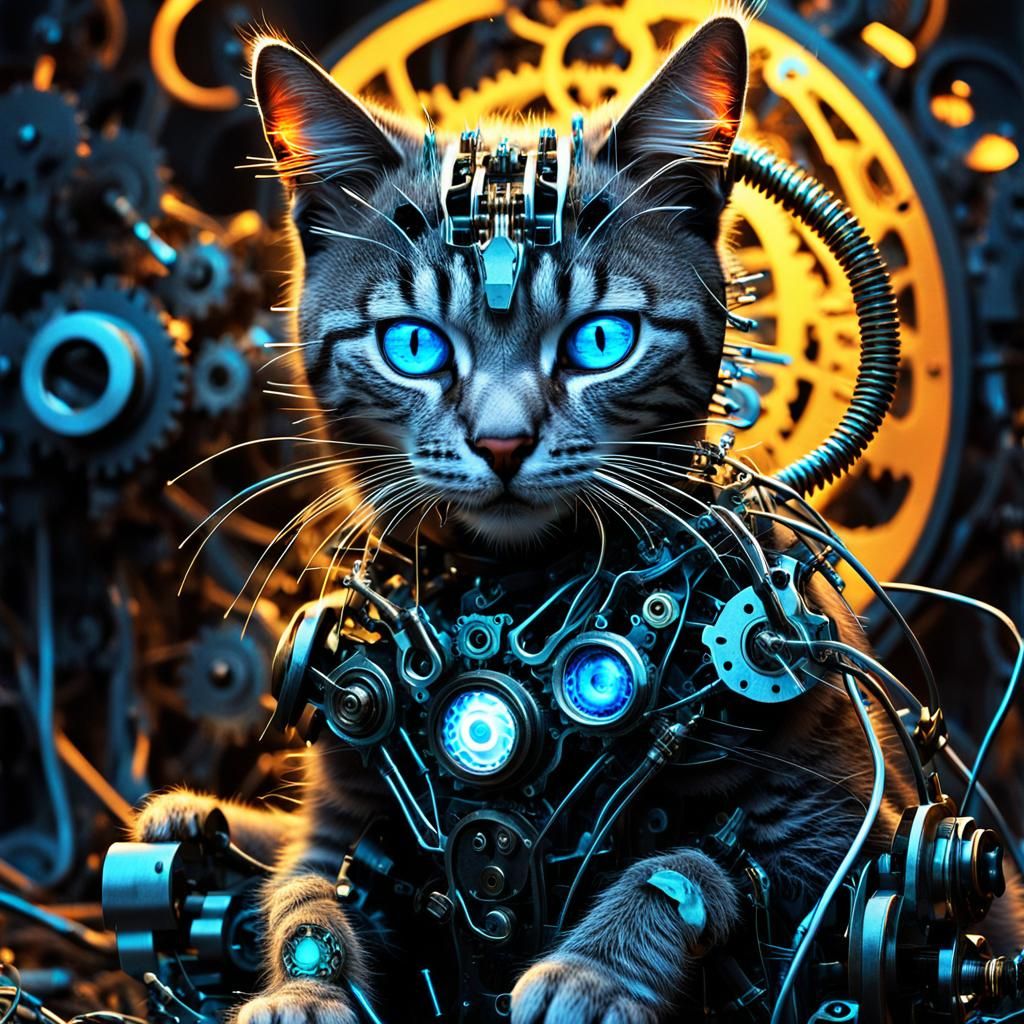 Surrealist Robot Cat in Eerie Asylum