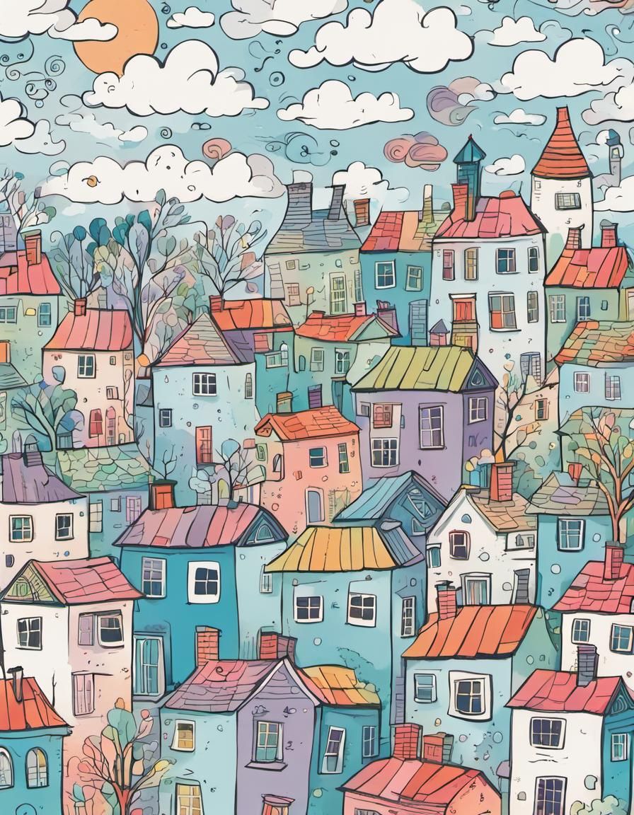 Whimsical Doodle Cityscape in Pastel Colors