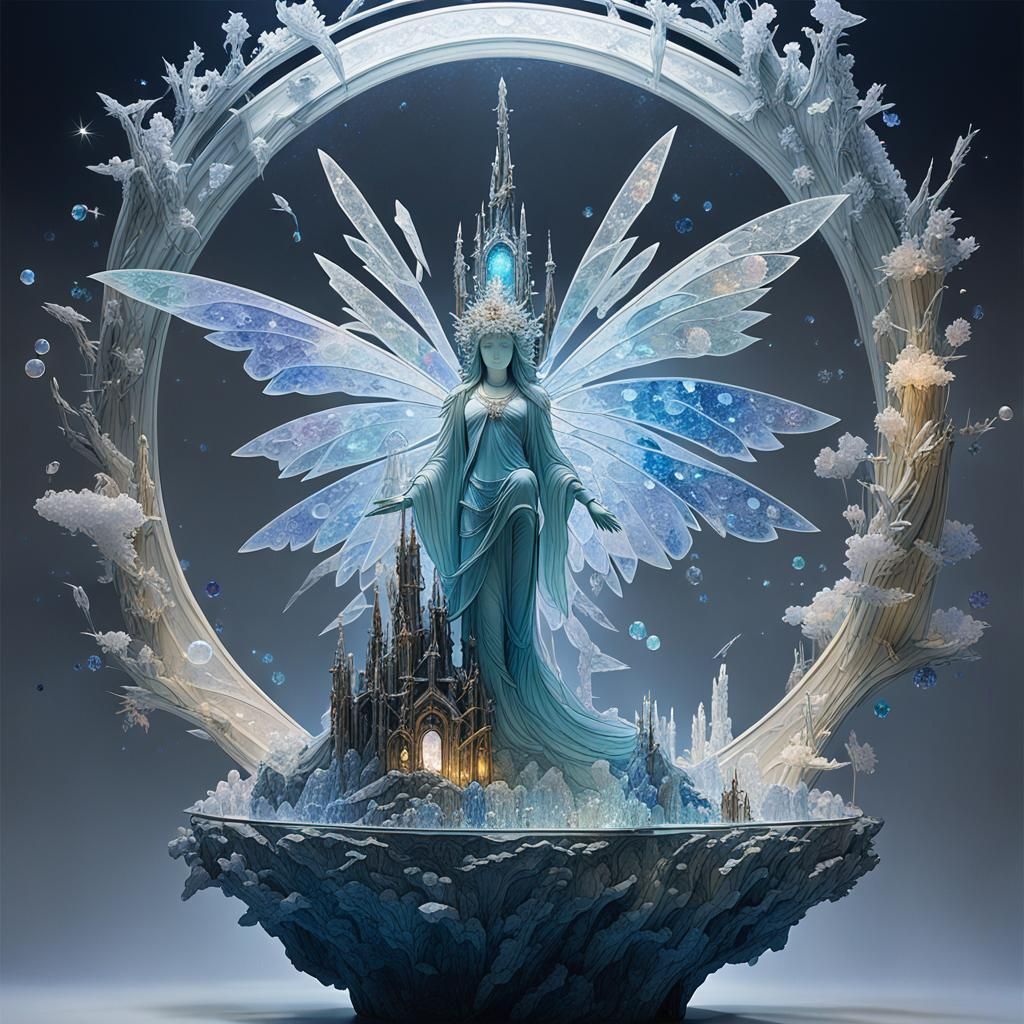 16k resolution, art by Yoshitaka Amano, Alphonse Mucha, Ethereal, dreamlike landscape entirely made of various crystals,...