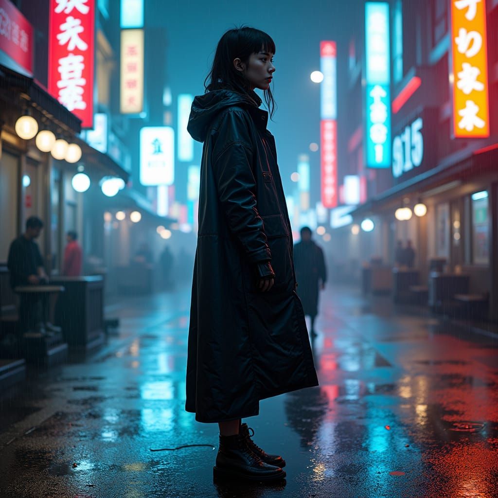 Neon Tokyo Cyberpunk Woman in the Rain