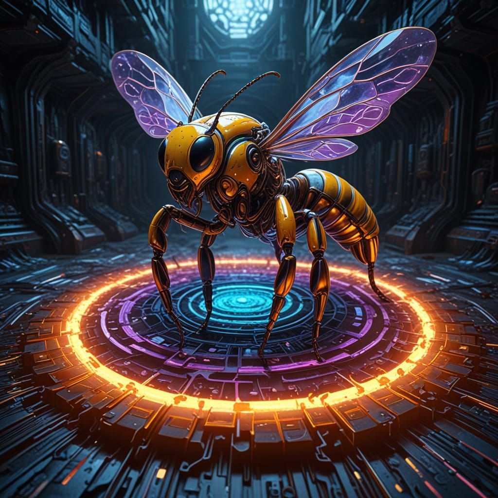 Cyberpunk Mecha Queen Bee Evolving in Psychedelic Hexagonal...