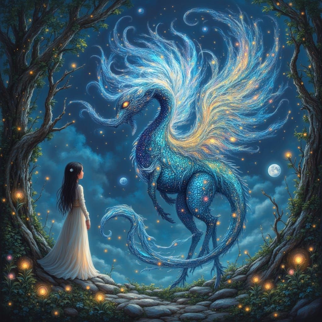 Luminous Mystical Creature and Elves in Enchanted Forest