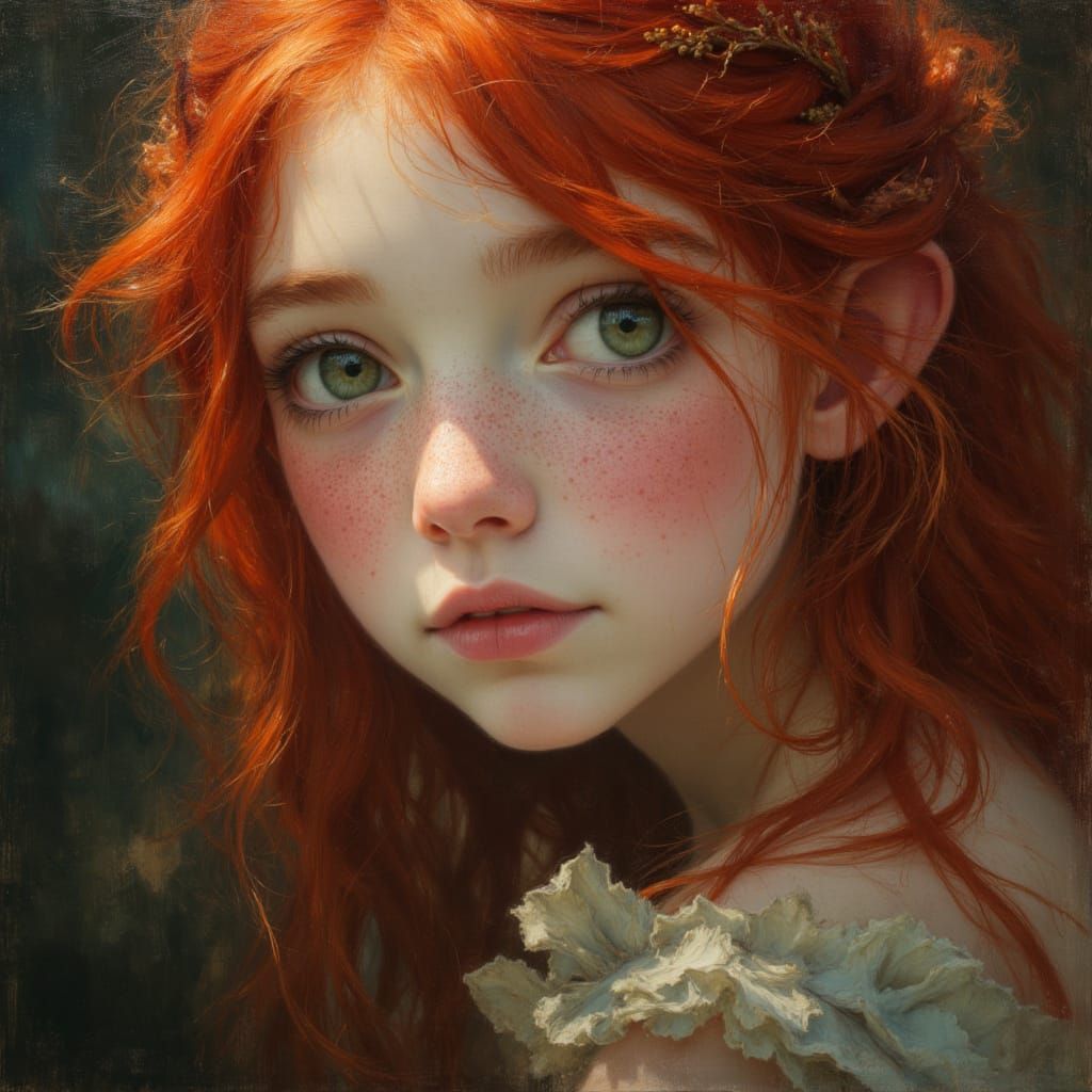 Ethereal Forest Goddess Portrait with Wild Red Hair