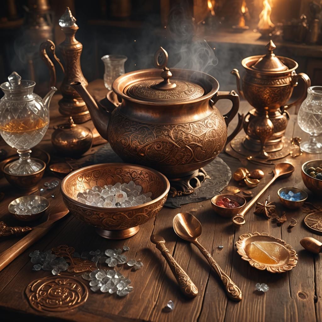 Mystical Kitchen Still Life with Ancient Artifacts