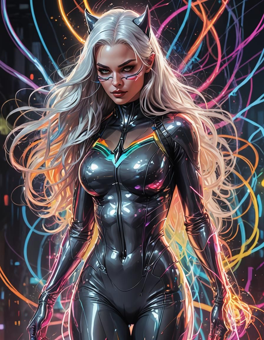 Nude Catwoman Character in Neon Comic Art Style