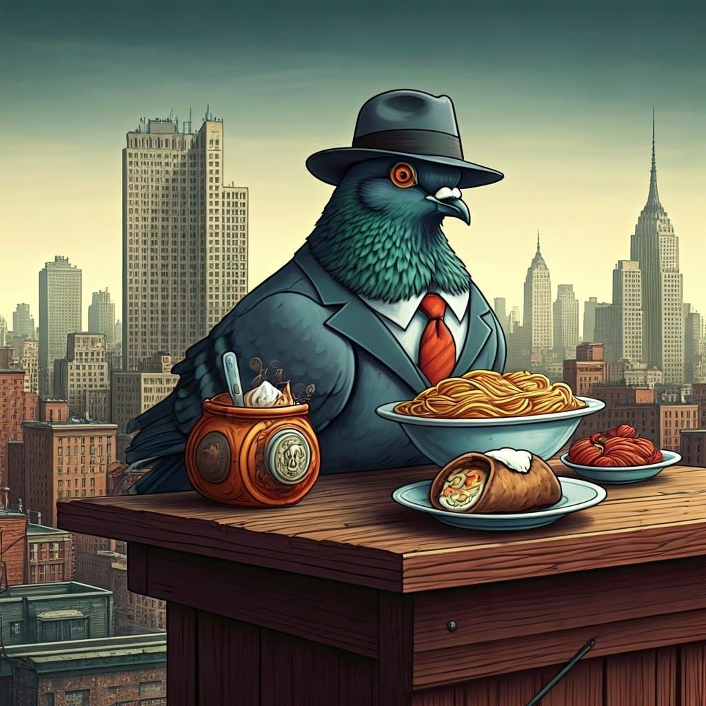 Mobster Pigeon in Italian Birdhouse, Illustrated Style